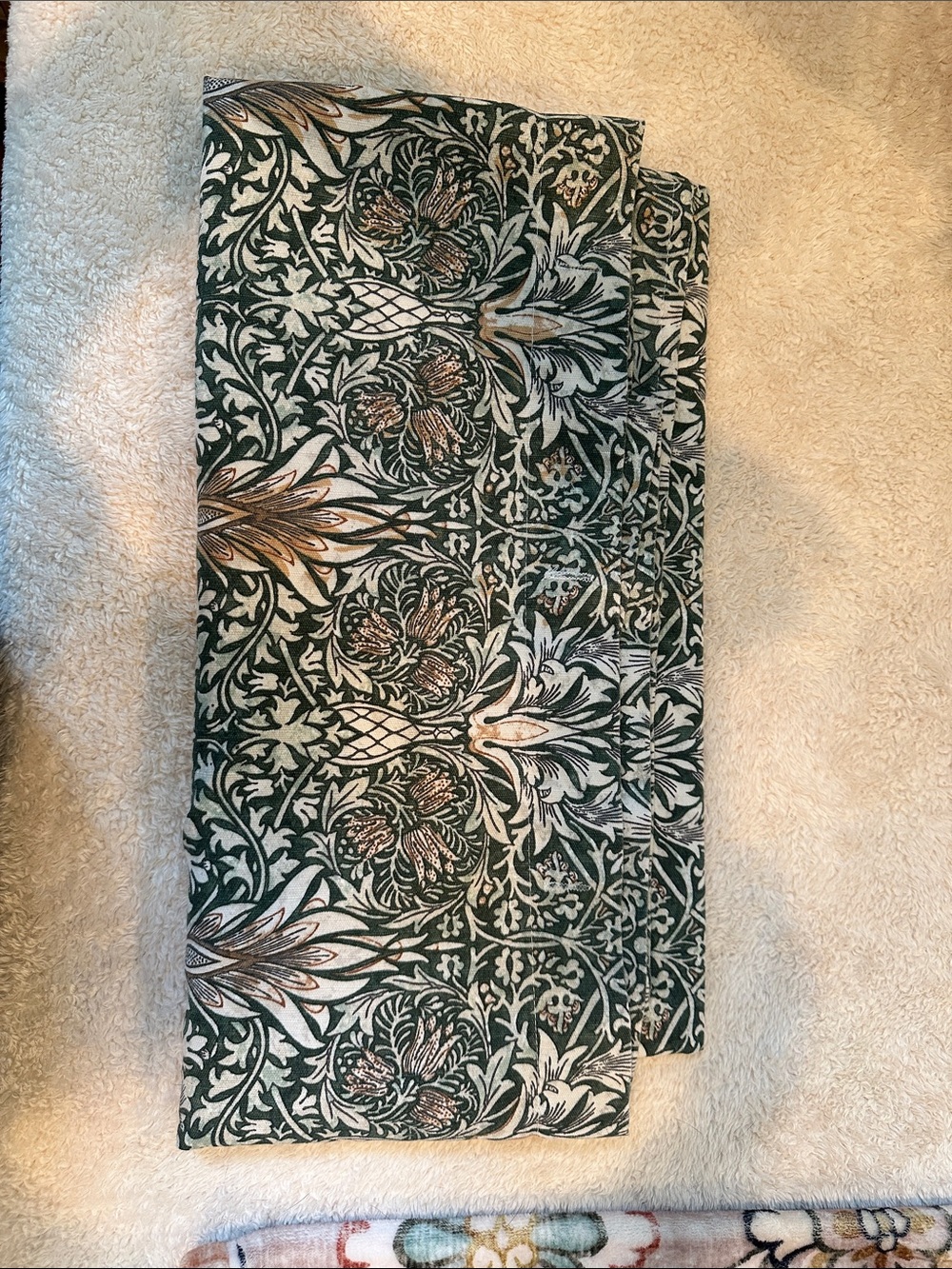 Forest Green Jacobean shower curtain with Cream and Tan Accents